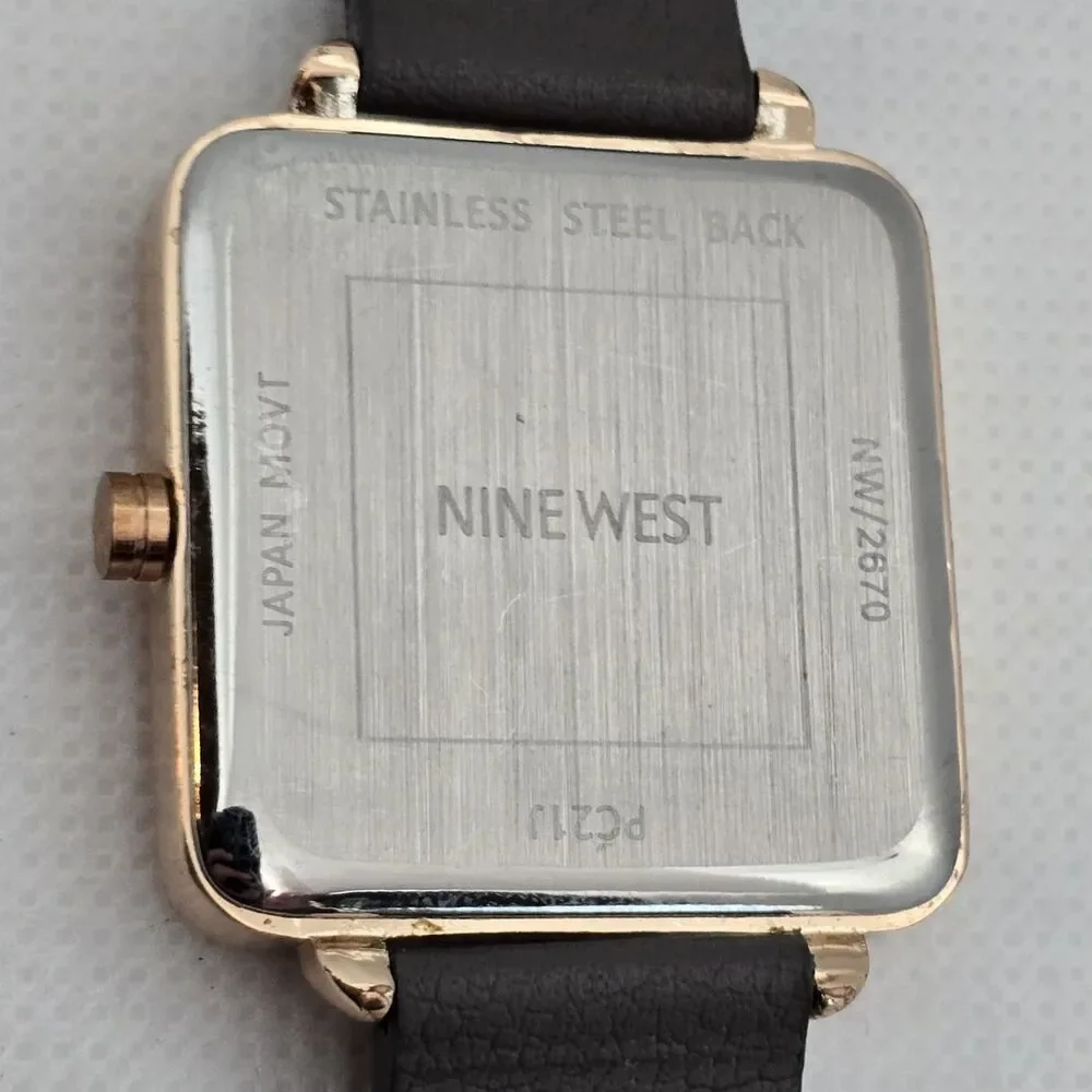 Women's Nine West Casual Square Rose Gold Tone Case Gray Leather Strap Watch 13 - Picture 9 of 9